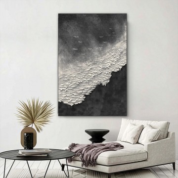 3D Noir blanc vagues Wabi sabi par Couteau à palette plage oiseaux mouette texture bord de mer Peinture à l'huile